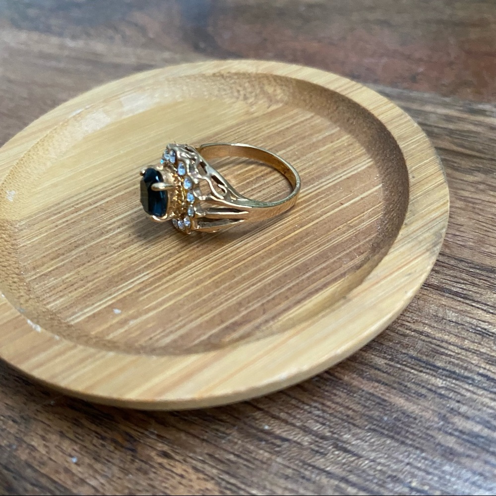 14k Yellow Gold Plated Blue & Clear Stone Flower Ring - Picture 13 of 15